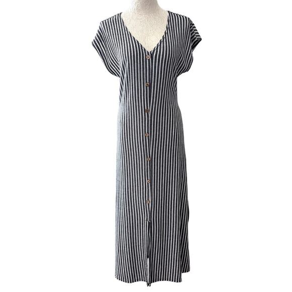 Caution to the Wind Stripe Button Front Dress Navy Nautical Beachy White Large - Picture 4 of 7